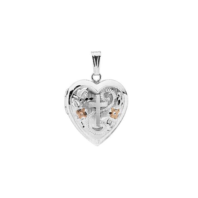 Sterling Silver Tri-Color Engraved Heart Pendant Contains A Cross In Center With Engraved Tri-Color Sections On Each Side