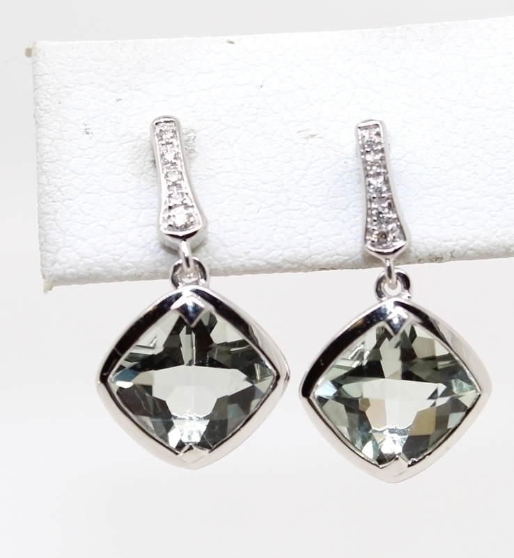 Estate 14 karat white gold diamond and aquamarine dangle earrings with post and friction backs