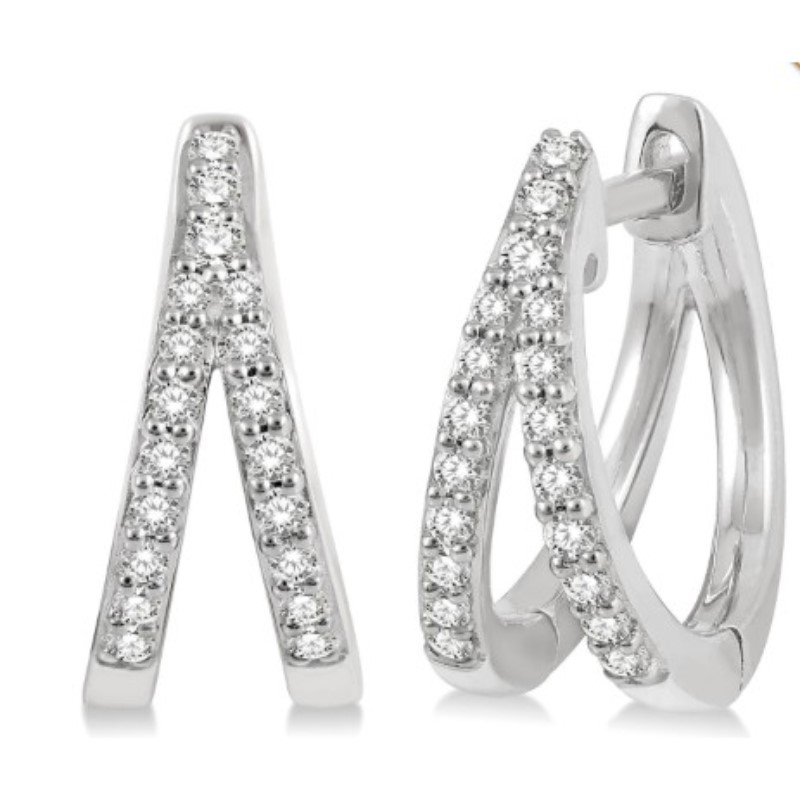 Split Petite Diamond Huggie Fashion Earrings  Each 10 karat white gold earring has a split prong design having a total of 19 full cut pave set diamonds