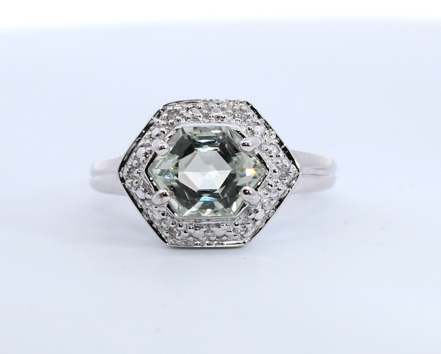 Estate 14 Karat White Gold Prasiolite And Diamond Ring