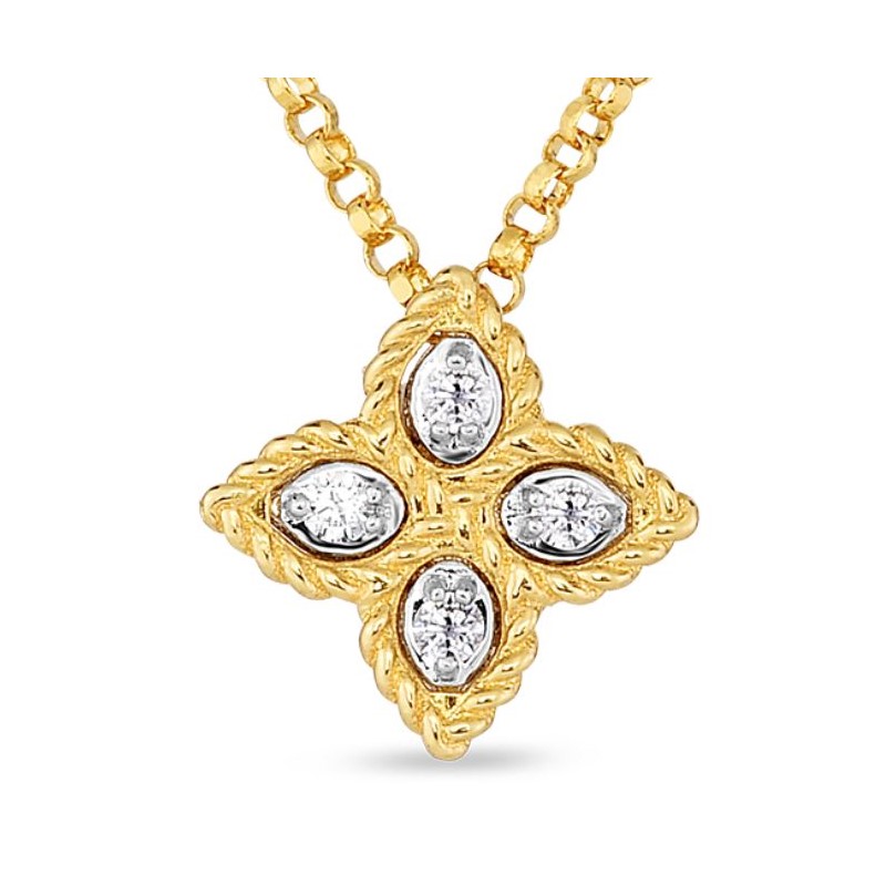 Roberto Coin 18K Yellow Gold Diamond Princess Flower Small Pendant Suspended On A Rolo Link Chain Measuring 18 Inches Long Adjustable To 16 Inches