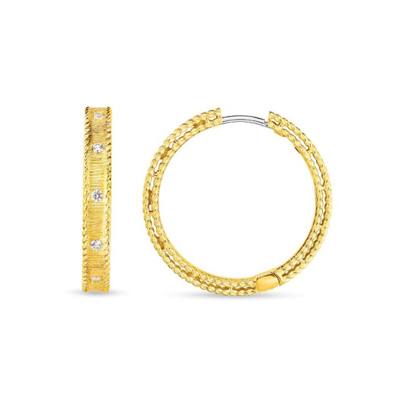 Roberto Coin lady s eighteen karat yellow gold diamond hoop earrings from the Symphony Collection
