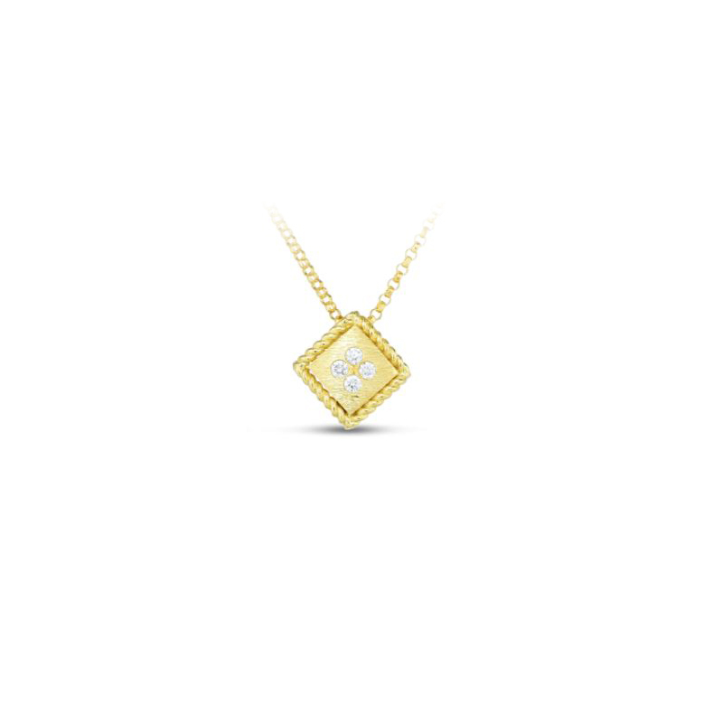 Roberto Coin 18k  yellow gold Palazzo Ducale diamond pendant suspended on a rolo link chain measuring 18 inches long adjustable to 16 inches
