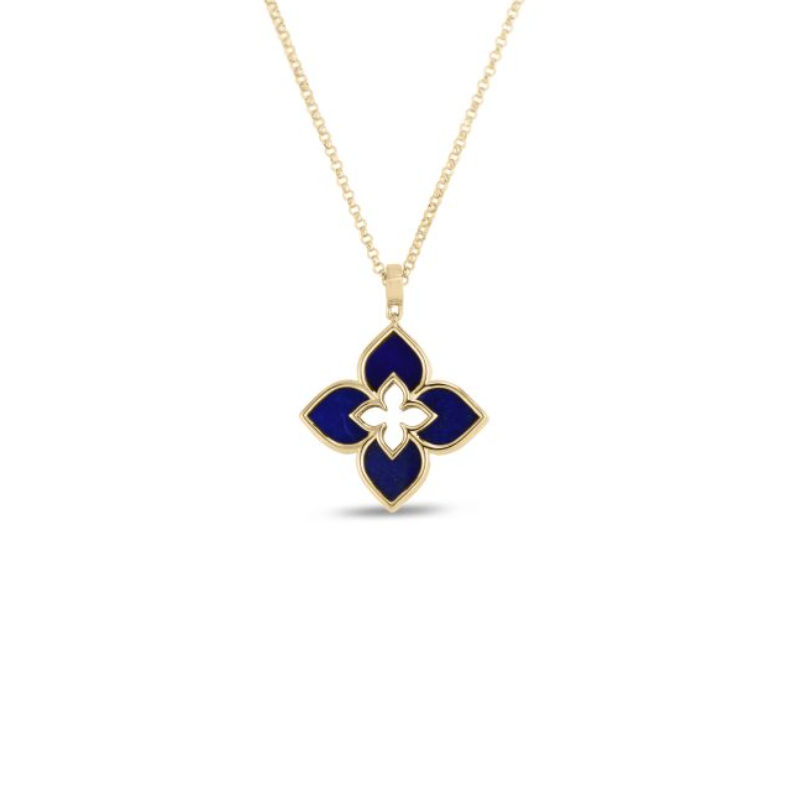 Roberto Coin 18 Karat Yellow Gold Venetian Princess Small Lapis Flower Necklace Measuring 17 Inches