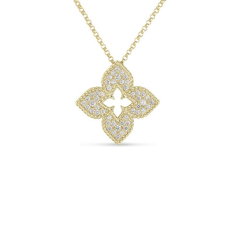 Roberto Coin 18 Karat Yellow Gold Venetian Princess Necklace Measuring 17 Inches Having Full Cut Pave Set Diamonds Weighing .30 Carat And Graded G-H For Color And SI1-2 For Clarity.