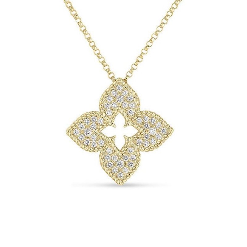 Roberto Coin 18 Karat Yellow Gold Venetian Princess Necklace Measuring 17 Inches Having Full Cut Pave Set Diamonds Weighing .30 Carat And Graded G-H For Color And SI1-2 For Clarity.