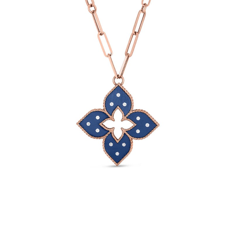Roberto Coin 18 Karat Rose Gold Diamond Venetian Princess Cutout Flower Pendant Long Necklace