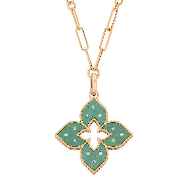 Roberto Coin 18 Karat Rose Gold Diamond Venetian Princess Green Titanium Medium Pendant With A 33 Inch Paperclip Chain