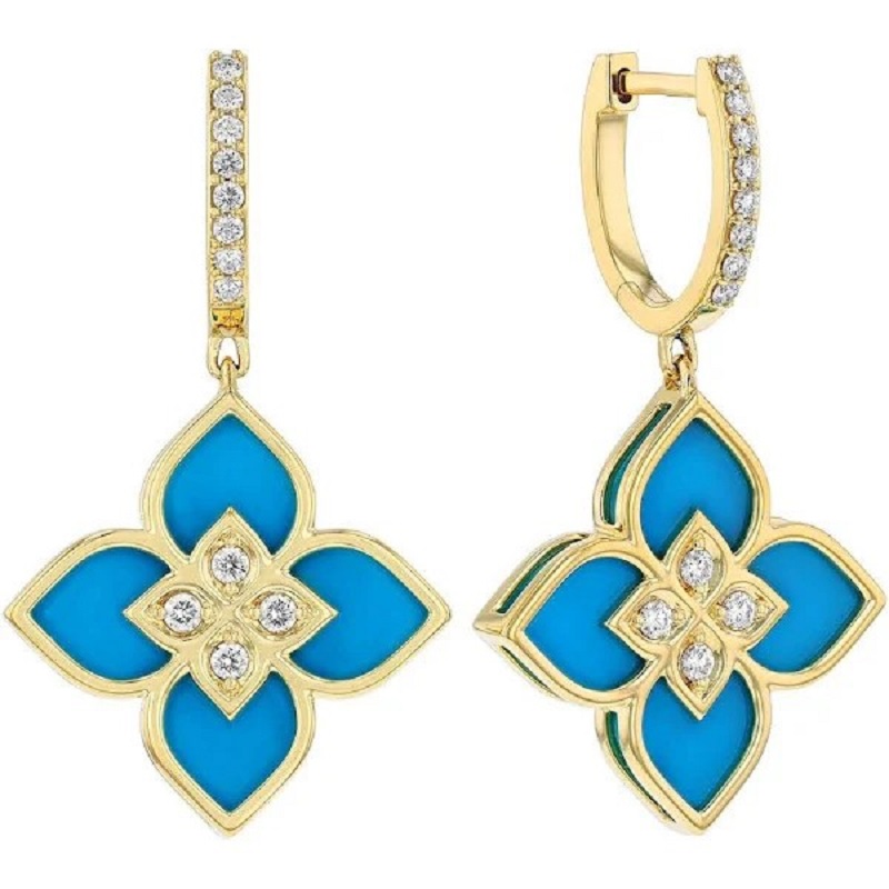 Roberto Coin 18 Karat Yellow Gold Venetian Princess Diamond And Turquoise Drop Earrings