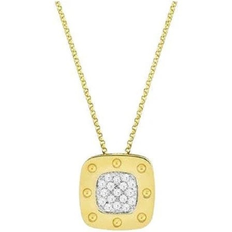 Roberto Coin Lady s eighteen karat yellow gold Pois Moi diamond pendant suspended on a rolo link chain measuring 18 inches long adjustable to 16 inchs