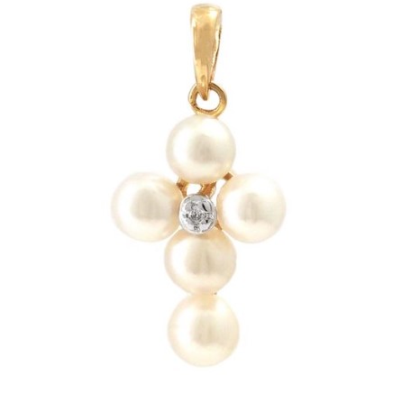 14 Karat Yellow Gold Pearl And Diamond Cross Pendant