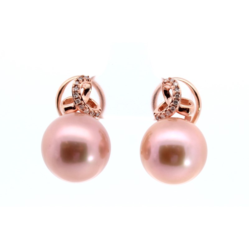 Estate 14 Karat Rose Gold South Sea Rose Tone Pearl And Diamond Earrings