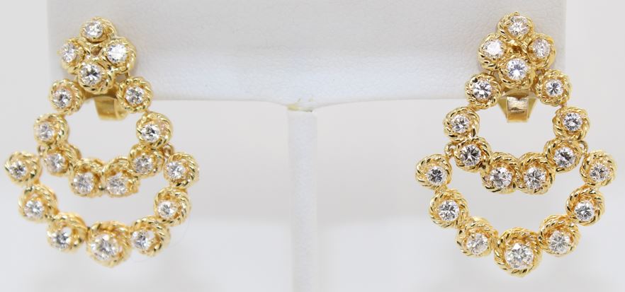 Estate 18 Karat Yellow Gold Diamond Chandelier Style Earrings With Pierced Omega Backs