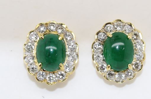 Estate 18 Karat Yellow Gold Emerald And Diamond Earrings Having Post And Friction Backs