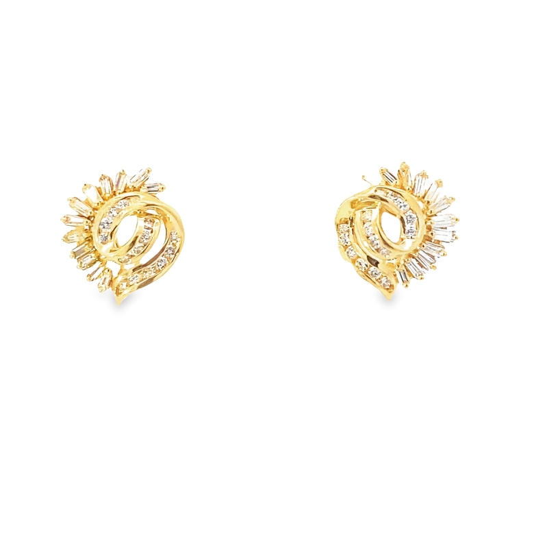 Estate 18 Karat Yellow Gold Diamond Swirl Earrings With Pierced Omega Backs