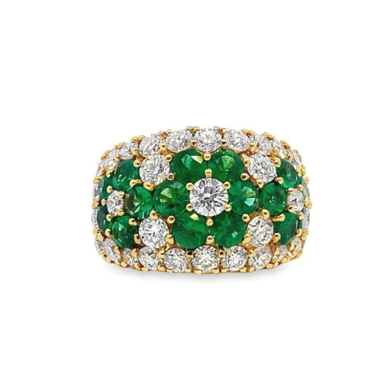 Estate 18 Karat Yellow Gold Emerald And Diamond Flower Design Ring Measuring A Size 6.5