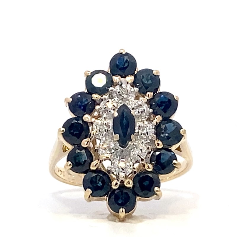Estate Blue Sapphire and Diamond Navette Cluster Ring