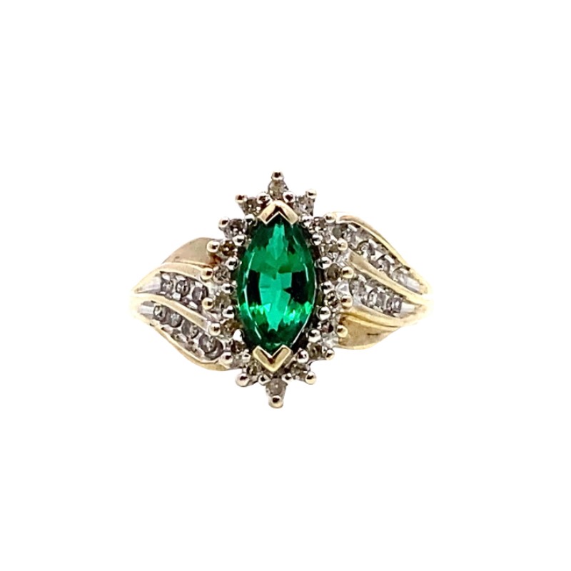 Estate Synthetic Green Emerald And Single Cut Diamond Ring