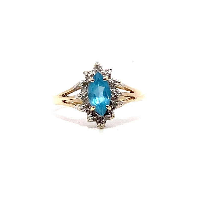 Estate 10 Karat Yellow Gold Blue Topaz And Diamond Ring