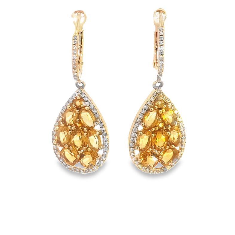 Estate 14 karat yellow gold diamond and citrine dangle earrings