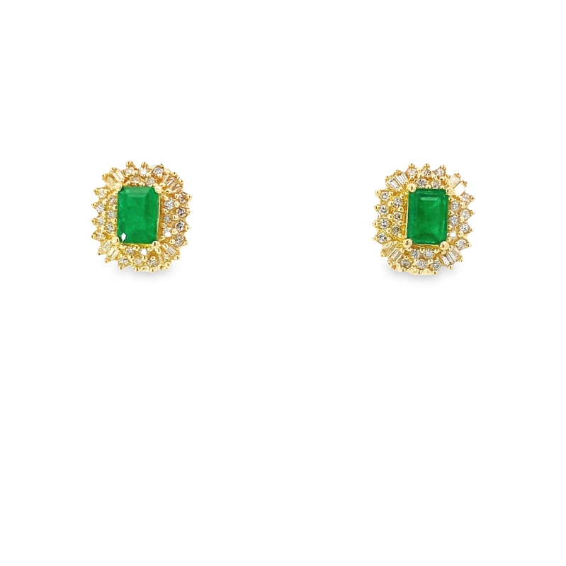 Estate 14 Karat Yellow Gold Emerald And Diamond Earrings With Pierced Omega Backs