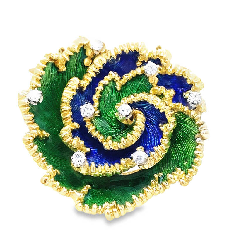 Estate 18 Karat Yellow Gold Swirl Enamel And Diamond Brooch