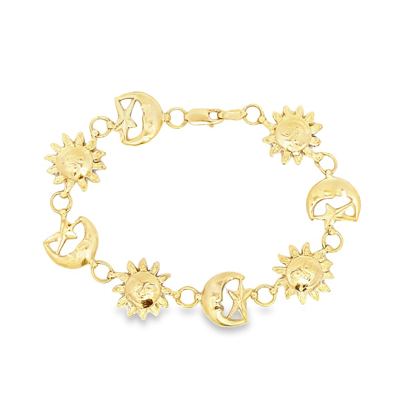 Estate 14 Karat Yellow Gold Sun Moon And Stars Bracelet Measuring 7 Inches