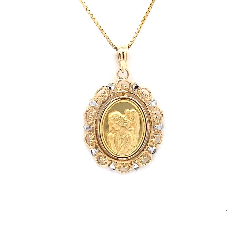 Estate 14 Karat Yellow Gold Guardian Angel Pendant Suspended On A 14 Karat Yellow Gold Box Chain 26 Inches Long
