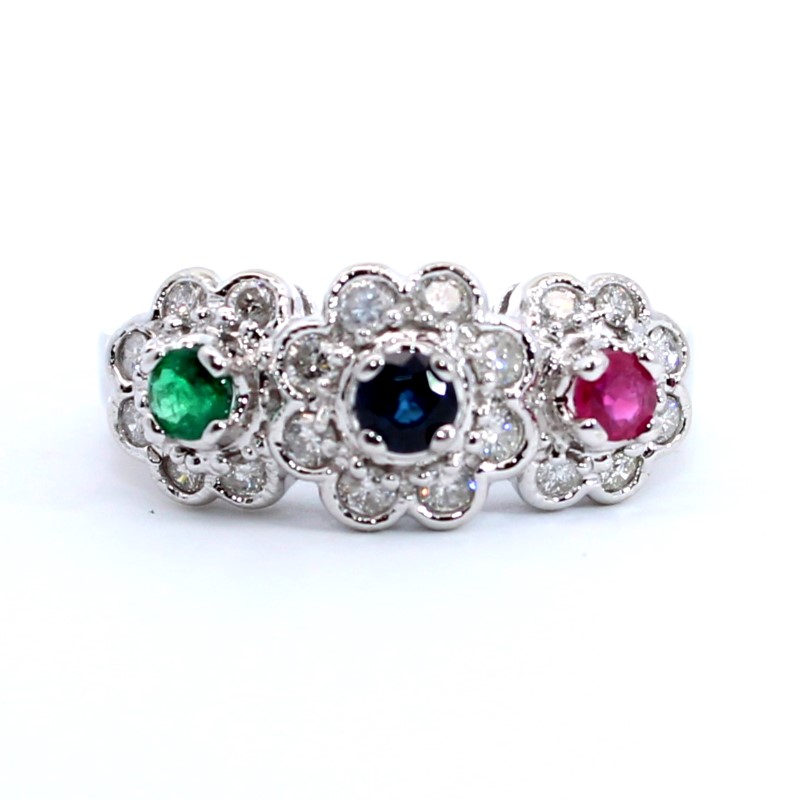 Estate 14 Karat White Gold Ruby  Blue Sapphire  Emerald  And Diamond Ring