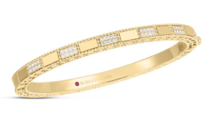 Roberto Coin 18 Karat Yellow Gold Mosaic Alternating Diamond Bangle Bracelet
