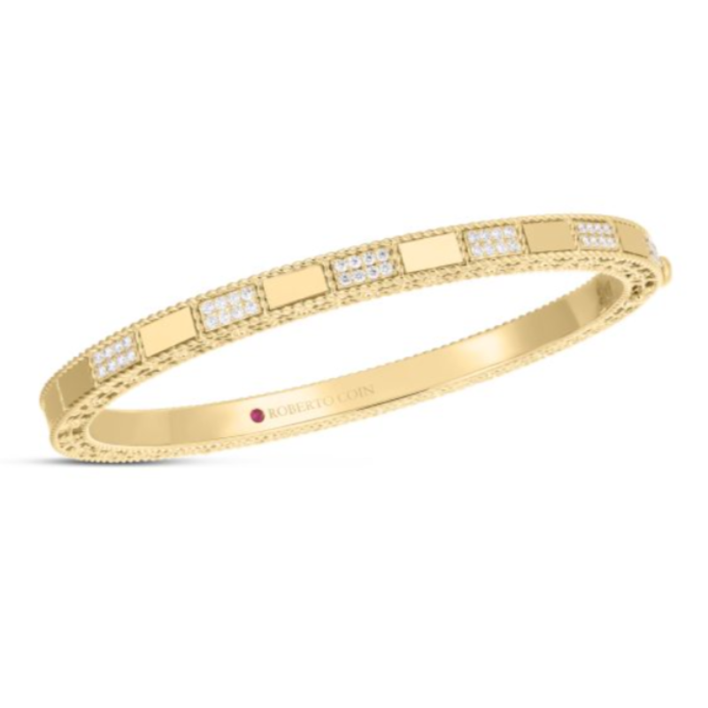 Roberto Coin 18 Karat Yellow Gold Mosaic Alternating Diamond Bangle Bracelet