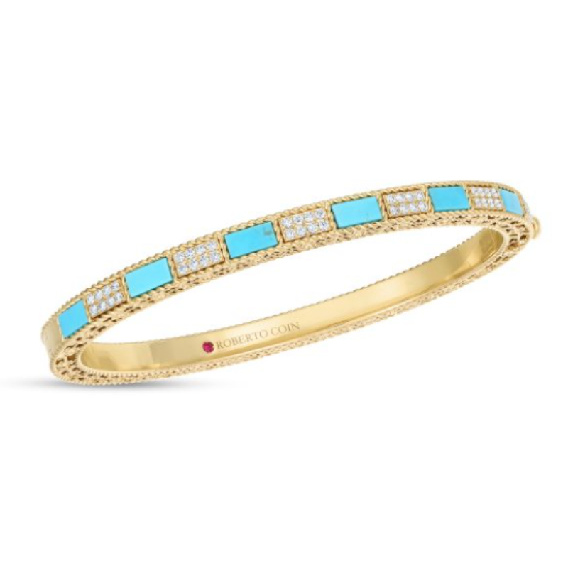 Roberto Coin Mosaic Diamond And Turquoise Hinged Bangle Bracelet