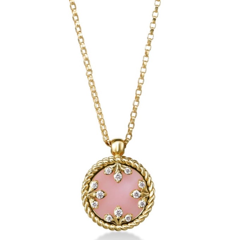 Roboerto Coin Pink Opal And Diamond Medallion Necklace