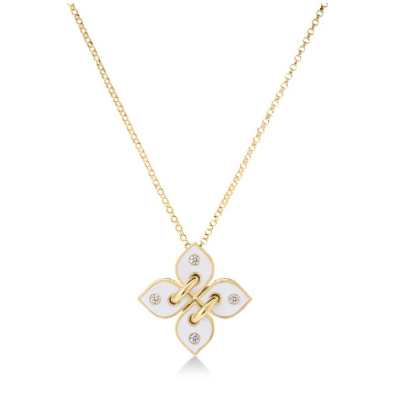 Roberto Coin Diamond and White Enamel Flower Necklace