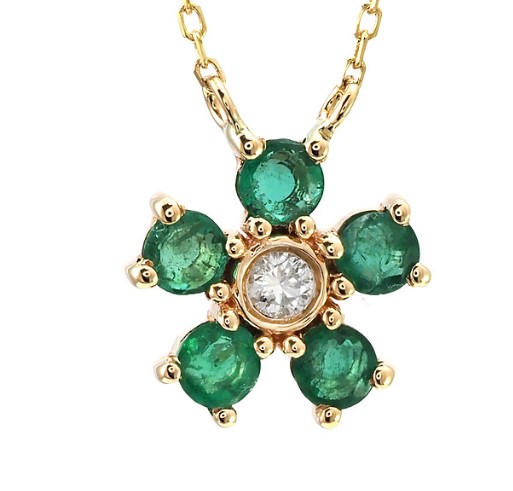 14 Karat Yellow Gold Emerald And  Diamond Necklace