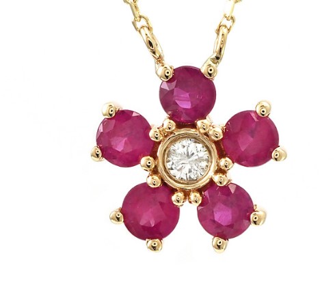 14 Karat Yellow Gold Ruby And  Diamond Necklace