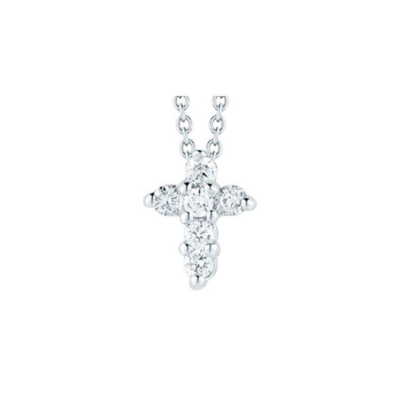 Roberto Coin lady s eighteen karat white gold diamond baby cross pendant suspended on an eighteen karat white gold oval link chain measuring 18 inches long adjustable to 16 inches