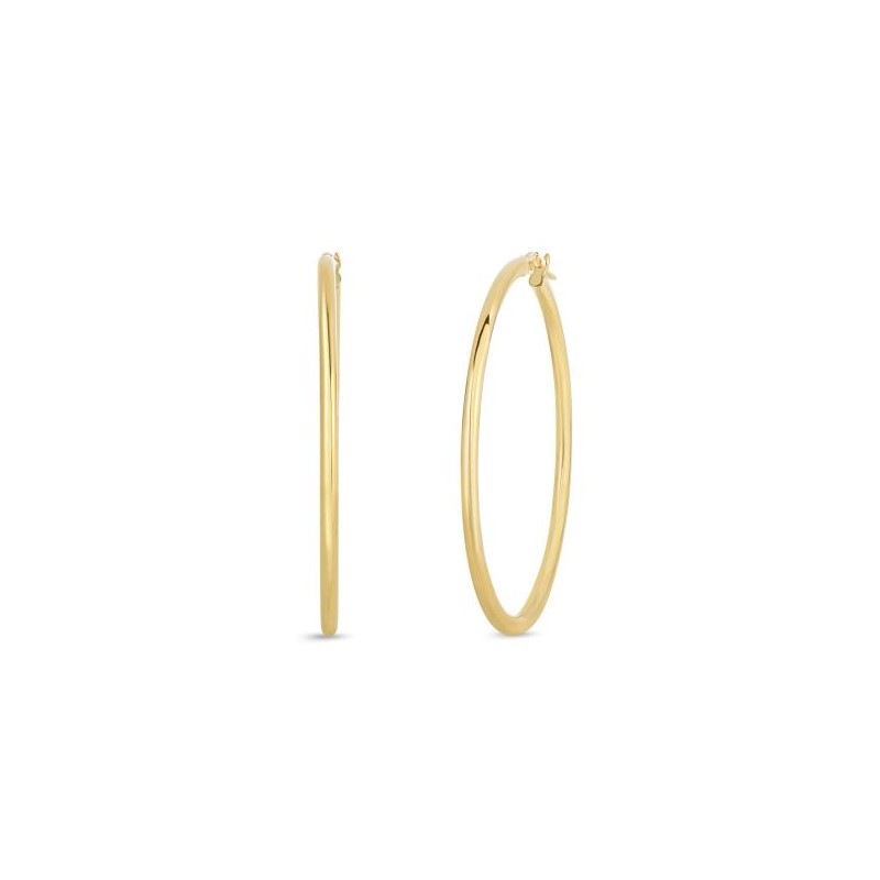 Roberto Coin 18 karat yellow gold 45mm thin tube hoop earrings from the Perfect Gold Hoops collection.