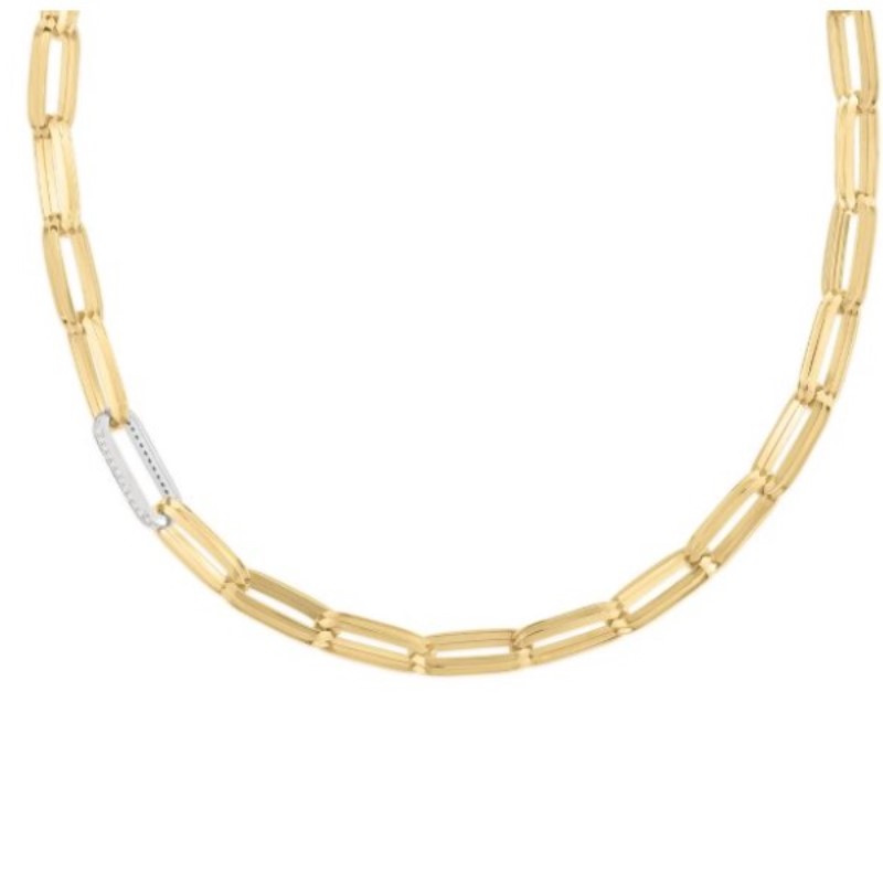 Roberto Coin 18 Karat Yellow And White Designer Gold And Diamond Rectangular Link Necklace Measuring 18 Inches