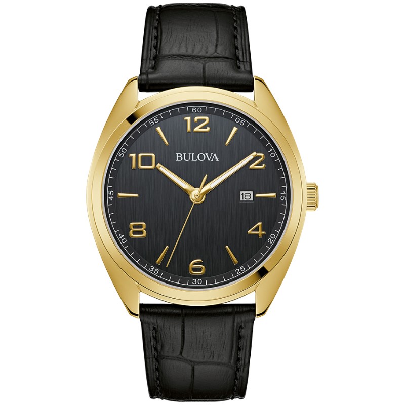 Bulova Watch Having A 42Mm Stainless Steel Yellow Tone Case Having A Black Arabic Date Dial  Bezel And A Mineral Crystal.