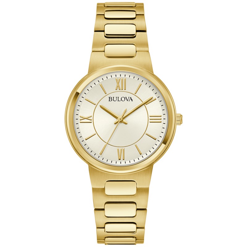 Bulova Watch Having A 30 Mm Yellow Tone Case With A Champagne Marker And Roman Dial  A Smooth Bezel And A Mineral Crystal