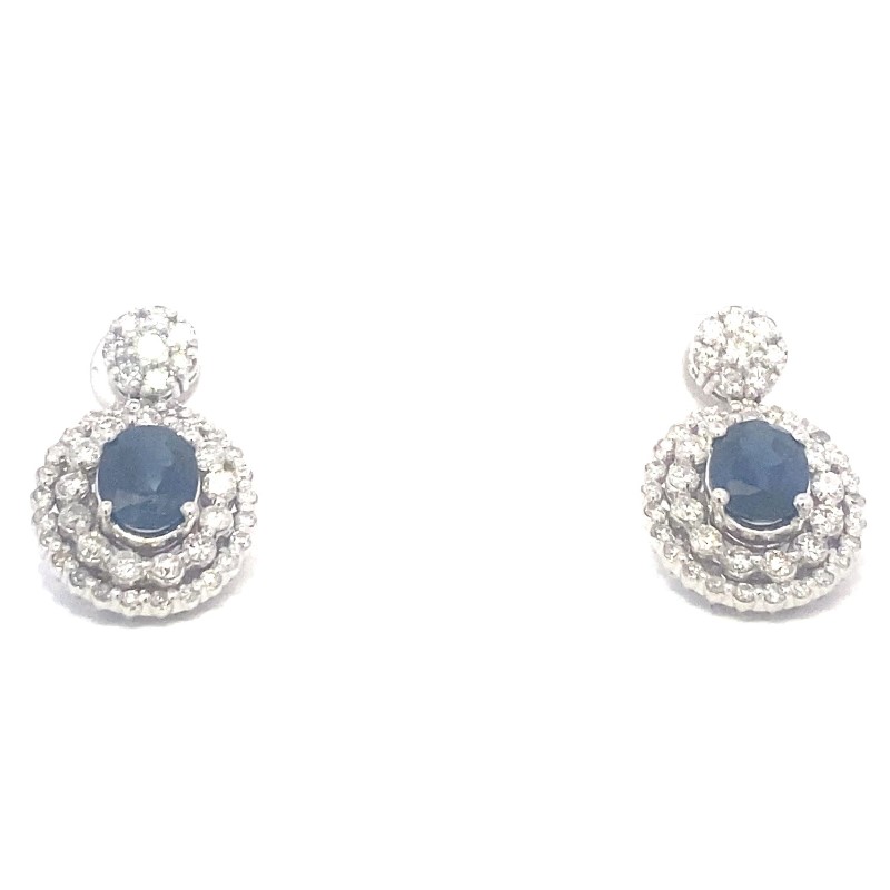 Estate 14 Karat White Gold Blue Sapphire And Diamond Dangle Earrings