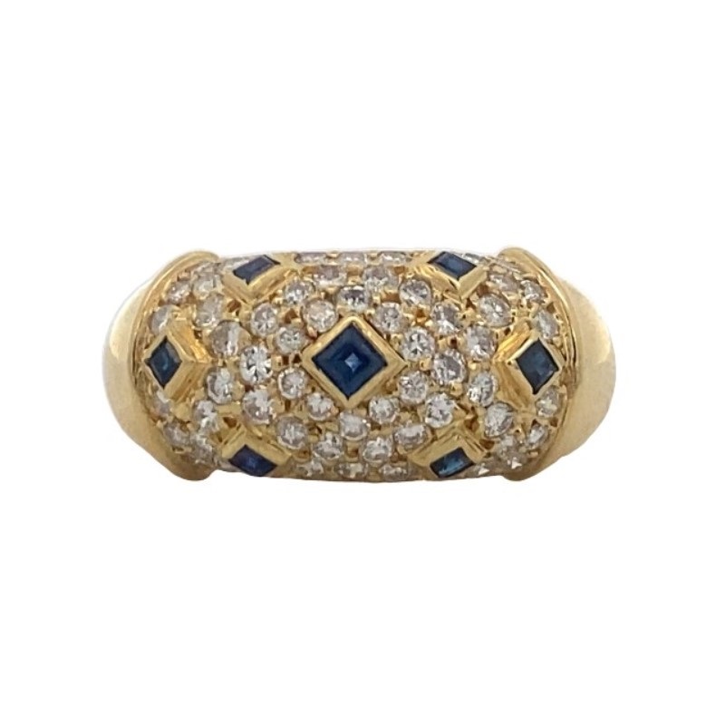 Estate 18 Karat Yellow Gold Diamond And Blue Sapphire Cigar Band Ring