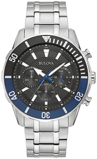 Bulova gents stainless steel timepiece. The watch contains a black Chronograph marker dial with a black time lapse unidirectional bezel and a ss link bracelet.