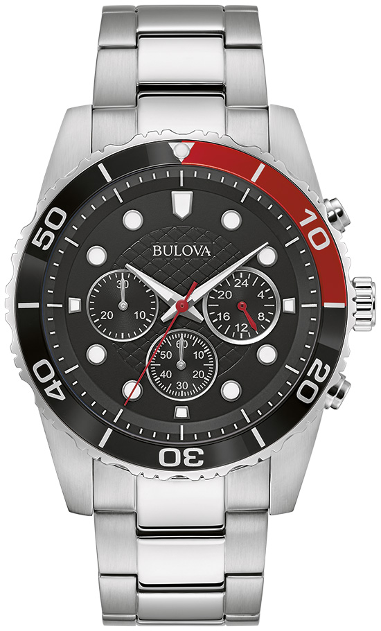 Bulova Watch Having A 44 Mm Stainless Steel Case With A Black Marker Dial With 3 Sub Dials  A Red And Black Time Lapse Bezel And A Mineral Crystal