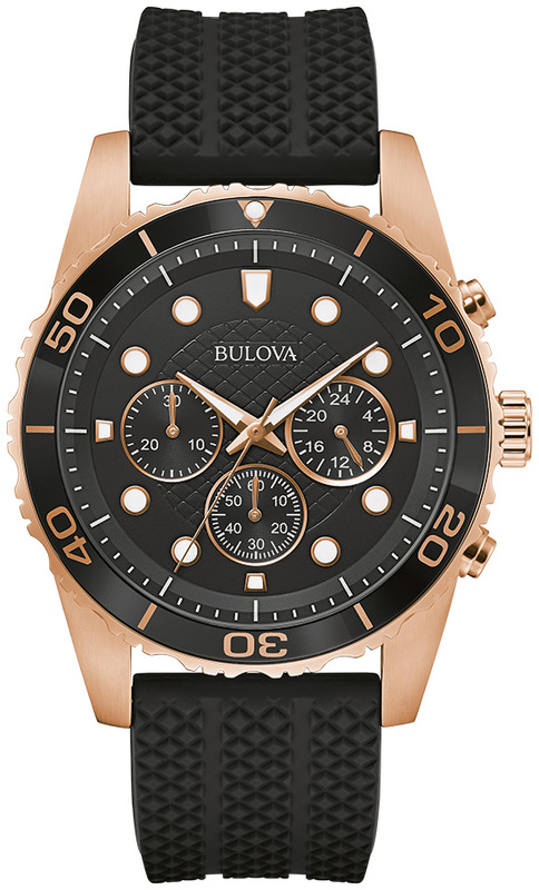 Bulova Watch Having A 44Mm Stainless Steel Case With A Rose Tone Color Having A Black Marker Dial With 3 Sub Dials  A Red And Black Time Lapse Bezel And A Mineral Crystal.