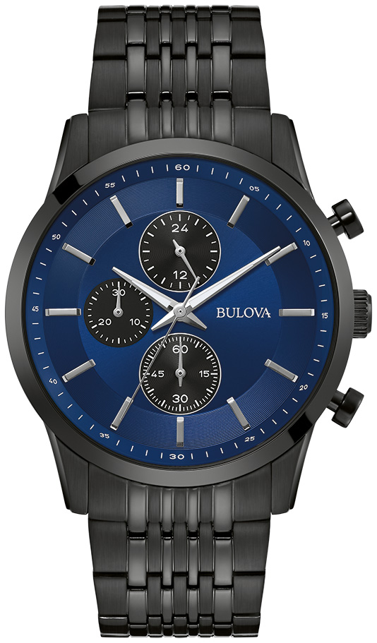 Bulova Watch Having A 44 Mm Black Sterling Silver Case With  A Dark Blue Marker Dial Having 3 Sub Dials And Smooth Bezel