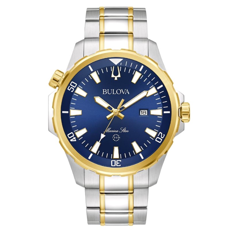 Bulova gent s Marine Star 43mm stainless steel & gold tone accent timepiece. The watch has a blue marker date dial gold tone bezel mineral crystal and battery powered quartz movement water resistant to 100 meters. The stainless steel 5 row link bracele