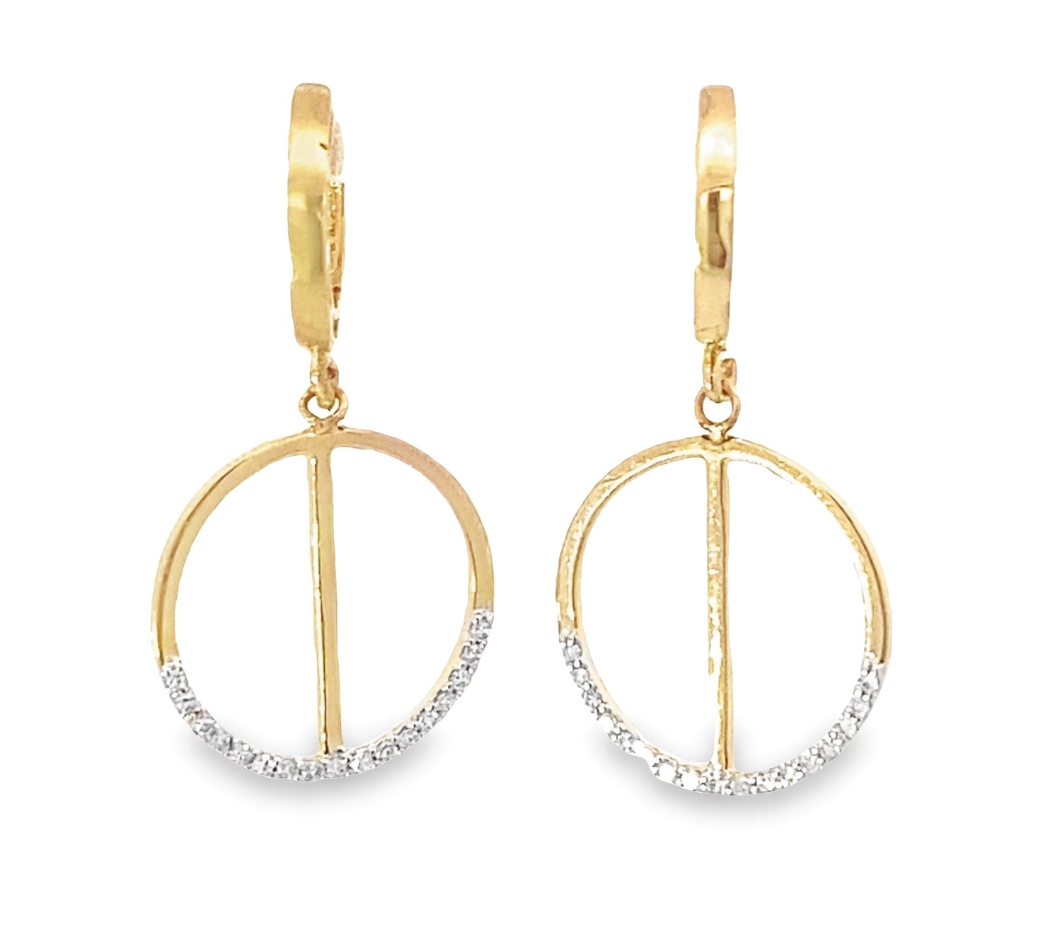 Estate 14 Karat Yellow Gold Diamond Dangle Earrings  Each Earring Contains A Polished Hinged Huggie Having A Round Dangle With 17 Single Cut Diamonds Pave Set On The Bottom Half With A Bar Center Piece