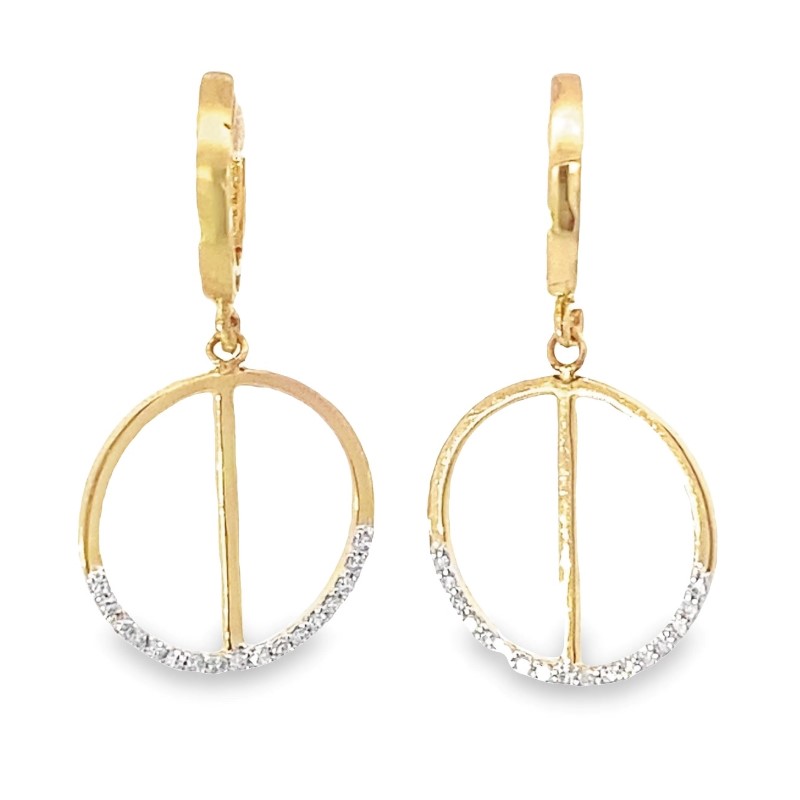 Estate 14 Karat Yellow Gold Diamond Dangle Earrings  Each Earring Contains A Polished Hinged Huggie Having A Round Dangle With 17 Single Cut Diamonds Pave Set On The Bottom Half With A Bar Center Piece